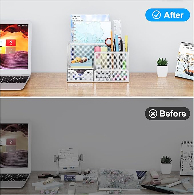 EasyPAG Mesh Desk Organizer with Drawer Multi-Functional Pen Holder Stationery Organizer for Office School Supplies 6 Compartments Dorm Organizers and Storage for Desk, White