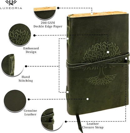 LUXEORIA Tree Of Life Leather Journal for Women and Men, Handcrafted Leather Journal for Writing Womens, Sketchbook, Travel Diary with Unlined Deckle Paper, Dark Green 8x13