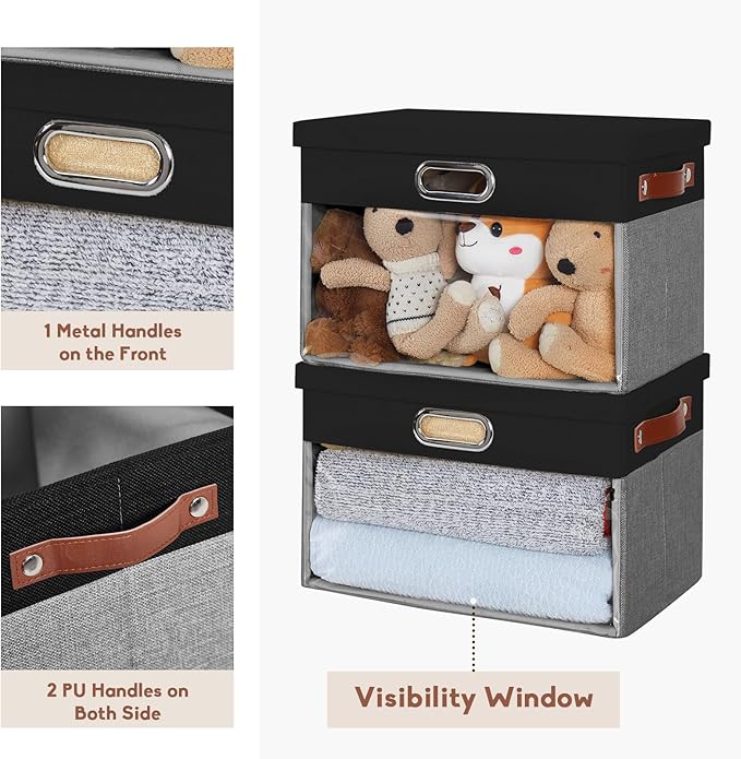 Fabric Clear Window Storage Bins with Lid, Closet Storage Box Linen Closet Baskets with 3 Handles for Organizing Clothing, Jeans, Shelves 15''- 3 Pack (Gray and Black)