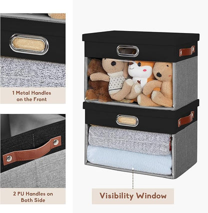 Fabric Clear Window Storage Bins with Lid, Closet Storage Box Linen Closet Baskets with 3 Handles for Organizing Clothing, Jeans, Shelves 15''- 3 Pack (Gray and Black)