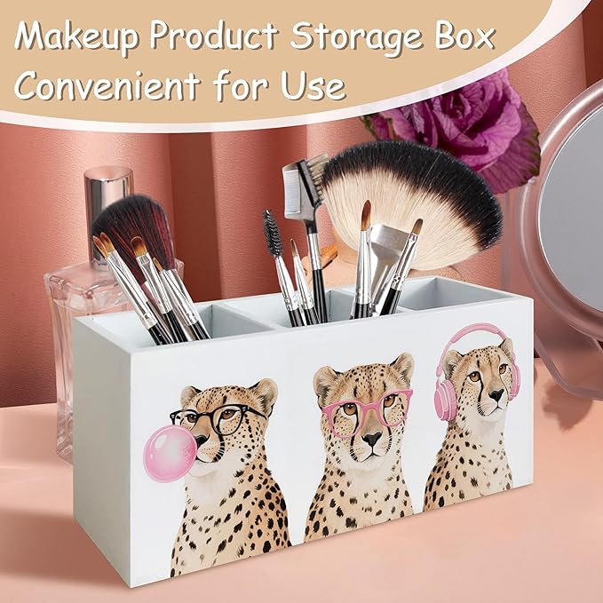 Trendy Funny Leopard Pen Pencil Holder Organizer for Desk, Cheetah Room Decor, Preppy Girly Y2k Aesthetic Cheetah Wooden Box Block Sign for Home Office Tabletop Decor