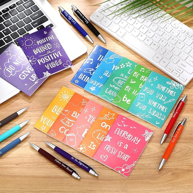Yeaqee 72 Pcs Motivational Pens Notepads Gifts Set Inspirational Quote Ballpoint Pen Small Notebook Mini Journal Bulk Present Idea for Teacher Coworker Gifts Women Office School(Uplifting)