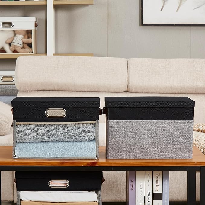 Fabric Clear Window Storage Bins with Lid, Closet Storage Box Linen Closet Baskets with 3 Handles for Organizing Clothing, Jeans, Shelves 15''- 3 Pack (Gray and Black)