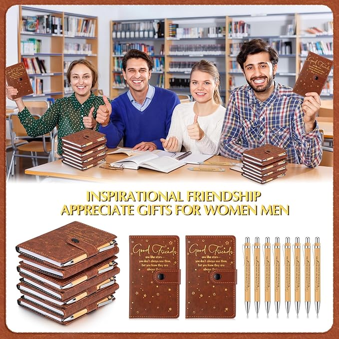 24 Pcs Friendsgiving Gift Bulk for Good Friends A6 Leather Journal Notebook Notepads with Bamboo Pens Friendship Appreciation Gift for Thanksgiving Birthday Women Sister Group (Brown)