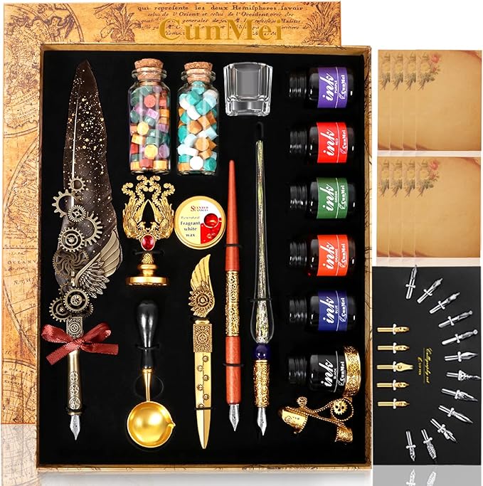 Quill Pen and Ink Set - Mechanical Punk Feather pen - Wooden Dip Pen - Glass Drawing Pen - Multi Ink Calligraphy Pen Set - Basic Wax Seal Stamp Kit- 17 Calligraphy Nibs（Grey）