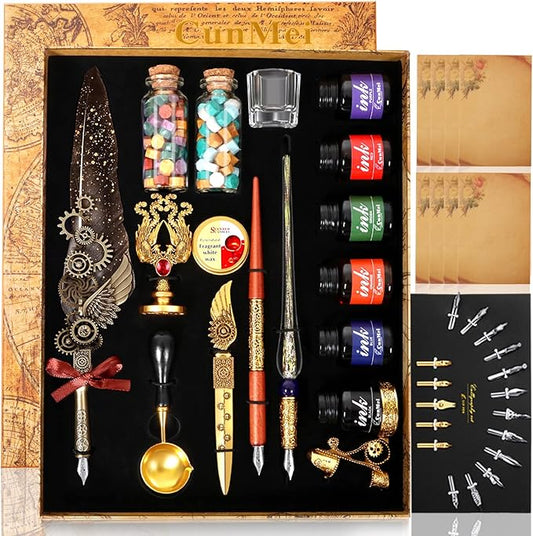 Quill Pen and Ink Set - Mechanical Punk Feather pen - Wooden Dip Pen - Glass Drawing Pen - Multi Ink Calligraphy Pen Set - Basic Wax Seal Stamp Kit- 17 Calligraphy Nibs（Grey）