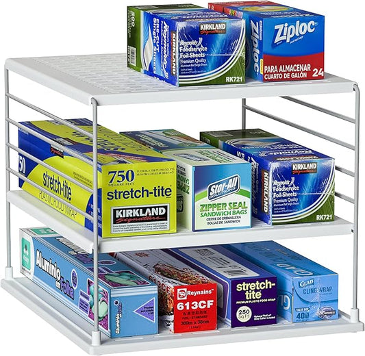 Upgraded Cabinet Organizers and Storage -Divided Compartment Holder for Plastic Bag, Wrap, Foil, Snack and Box for Kitchen Organization and Storage-Under Sink Organizers and Storage Suitable