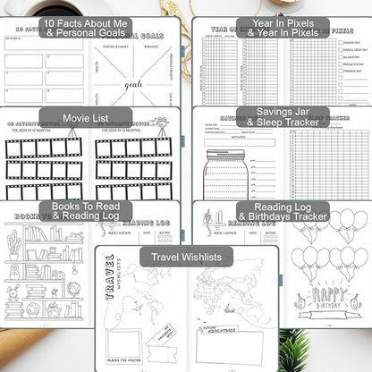 Premade Bullet Style Notebook with Undated Weekly & Monthly Planner, Dotted Journal with Pre-made Bullet Planner Stencils, Dot Grid Journaling with Habits & Mood Tracker, 12 Month Organization, A5