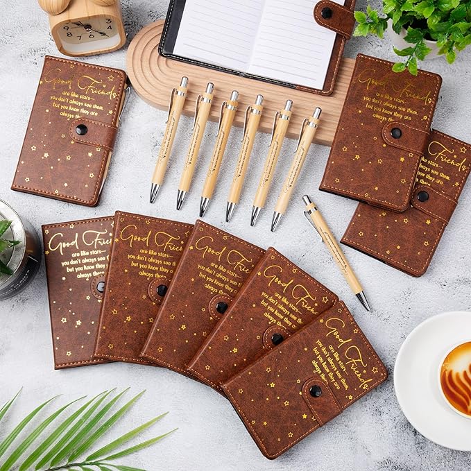 24 Pcs Friendsgiving Gift Bulk for Good Friends A6 Leather Journal Notebook Notepads with Bamboo Pens Friendship Appreciation Gift for Thanksgiving Birthday Women Sister Group (Brown)