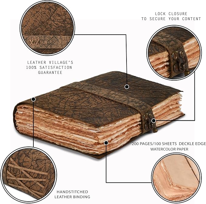 LEATHER VILLAGE Handmade Vintage Journal for Men & Women - Lock Closure - Watercolor Deckle Edge Cotton Paper for Drawing, Writing & Sketching- 200 Pages- Distressed Brown- 13x8 (A4) inches