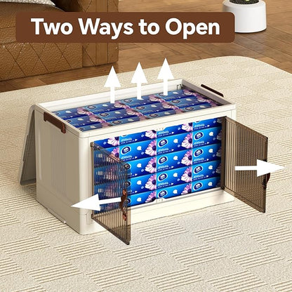 Collapsible Storage Bins with Lid and Wheels, Plastic Foldable Storage Cabinet-Stackable Closet Organizer Containers with Doors for Clothes, Home, Room, White, 3 Tiers