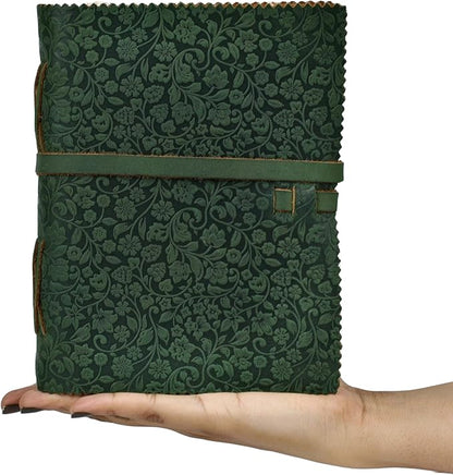 LEATHER VILLAGE Leather Bound Floral Embossed Journal for Women Men - 200 Pages, 6”X4”(A6), Green - Book of Shadows, Vintage Blank Paper Travel Diary, Notebook for Writing, Drawing, Sketchbook