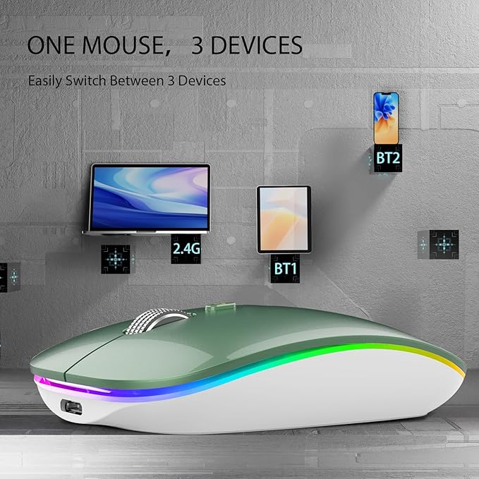 TENMOS Wireless Bluetooth Mouse, LED Slim (Bluetooth 5.1 + USB) 2.4GHz Rechargeable Silent Bluetooth Wireless Mouse for Laptop/MacBook/iPad OS 13 and Above (Blackish Green)