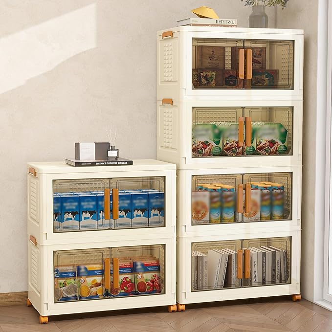 Plastic Stackable Storage Bins with Lids and Wheels, Foldable Closet Organizers and Storage Containers, Collapsible Clear Drawer Storage Cabinet with Doors Ivory White 358.4 QT