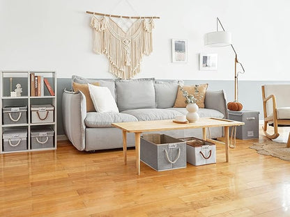 LoforHoney Home Fabric Storage Bins with Lids for Organizing, Foldable Closet Storage Boxes for Shelves, Clothes Baskets with Cotton Rope Handles, Large, Beige & Brown, 4-Pack