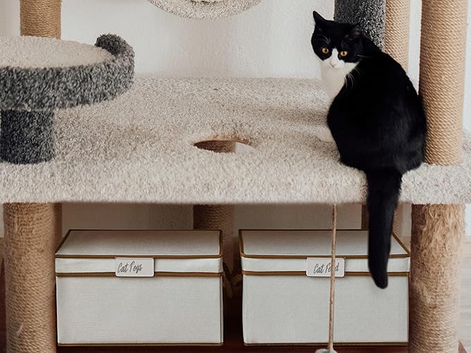 LoforHoney Home Fabric Storage Bins with Lids for Organizing, Foldable Closet Storage Boxes for Shelves, Clothes Baskets with Cotton Rope Handles, Large, Beige & Brown, 4-Pack