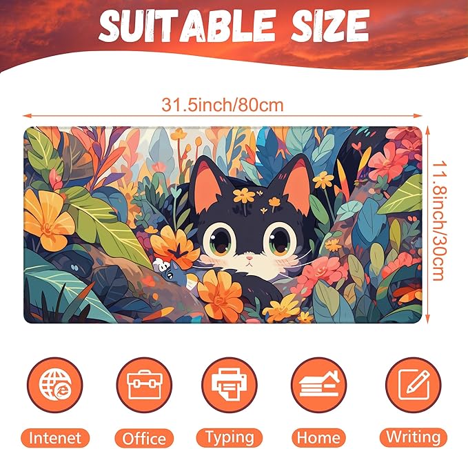 Desk Mat, Black Cat Among Flowers Desk Pad, Cute Cat Large Gaming Mouse Pad, 31.5"x15.7" Extended Big Computer Keyboard Mouse Pad with Non-Slip Base and Stitched Edge