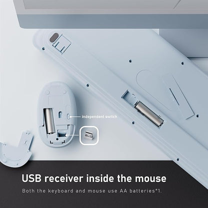 UBOTIE Wireless Keyboard and Mouse Combo with Phone Holder Wrist Rest, Round Colorful Keys, Power Switches, 2.4GHz USB Receiver, Full-Size QWERTY Layout for PC Laptop(Light-Blue)