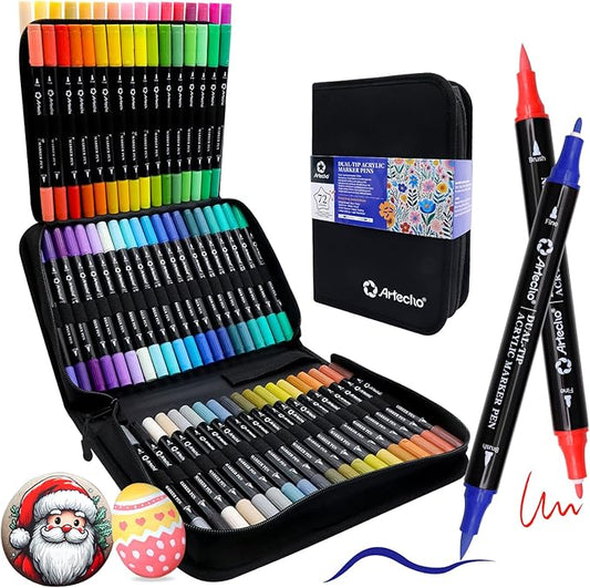 Artecho Acrylic Paint Markers 72 Colors with Bag, Acrylic Paint Pens with Brush Tip and Fine Tip for Stone, Rock Painting, Paper, Pumpkin, Wood, Egg, Canvas, Ceramic, Fabric, leather, Glass