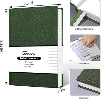 Annecy Lined Journal Notebook, Hardcover Leather Journal for Women & Men, 160 Numbered Pages, Medium 5.5" x 8.25", 100 GSM Thick Paper, Deep Green
