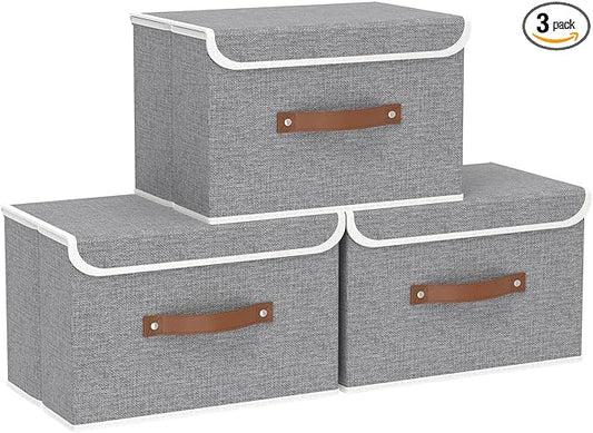 Yawinhe Collapsible Storage Bin, Cube Organizer Basket, Fabric Box with Lids, Washable and Leather Handle, for Home, Closet, Grey, 15.0''Lx9.8''Wx9.8''H, 3-Pack, USNK024GL-3
