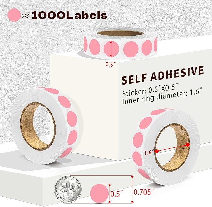 1000PCS Pink Colored Dot Stickers Round Coding Circle Label Stickers 0.5 inch Label in Dispenser Box for Office Classroom
