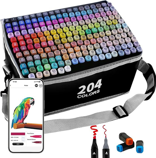 204 Colors Alcohol Markers with APP, Dual Tip Art Marker for Adults Coloring Books, Alcohol Based Ink Illustration Markers Set for Adult Artist Drawing Sketching Painting Lettering Cards