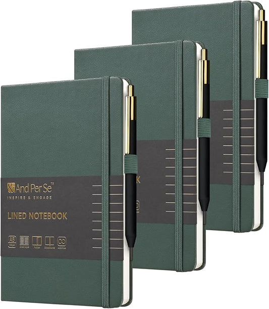&And Per Se Lined Journal and Pen Set (3 packs), A5 Leather Journal Stationery Set, 160 Pages 100GSM Thick Paper, Notebook Gift Set (Green)