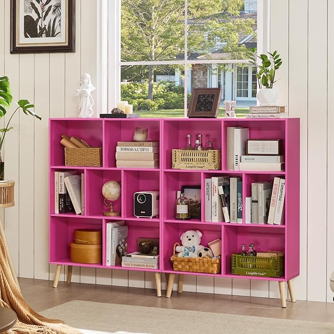 LEYAOYAO 7 Cube Bookshelf,3 Tier Book Shelf with Legs,Pink Modern Bookshelf,Large Freestanding Open Toy Modern Bookshelves,Display Bookcases Decor Furniture for Nursery