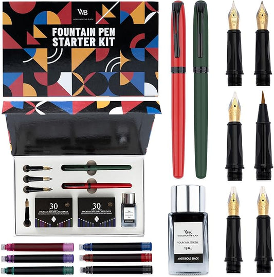 Wordsworth and Black Fountain Pen Set - Green - Includes 2 Pens, 18 ML Ink Bottle, 60 Ink Cartridges, A Refill Converter, 1 Medium and 4 Broad Nibs, Brush Pen - Fountain Pen Kit for Beginners