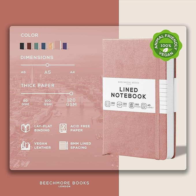 BEECHMORE BOOKS Lined Journal Notebook, 5.8 x 8.3 inch, A5 160 Lined Pages, Hardcover Leather Journals for Women, Men, Writing and Notebooks for Work - 120 GSM Thick Paper, Gifts Box Included