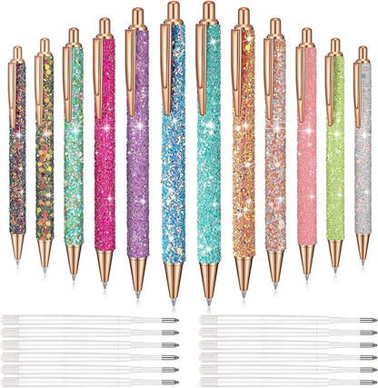 Sabary 12 Pcs Fancy Pens for Women Girls Glitter Sparkly Pretty Cute Pens with 12 Pcs Replacement Black Ink Refills Retractable Journaling Ballpoint Gifts for Christmas Office School Supplies