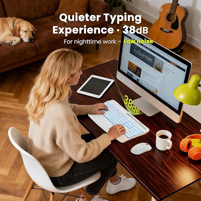 White Keyboard and Mouse Wireless Combo, 4000mAh Rechargeable Backlit Quiet Keyboards mice set, USB Ergonomic Key Board with Wrist Rest & Phone Holder for PC, Mac, Windows, Natural Soft Typing—SABLUTE