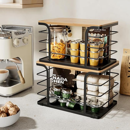 2 Pack Potato and Onion Storage Bin,Stackable Pantry Organizers and Storage with PP Liner and Bamboo Top,Kitchen Storage Organization Counter Basket for Fruits,Produce,Vegetable, Black