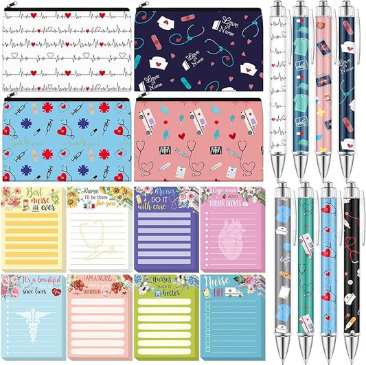 20 Pcs Nurse Practitioner Gifts for Women Nurse Makeup Bags Cosmetic Bag Nursing Supplies 3x4 Funny Sticky Notes Floral to Do List Notepads and Ballpoint Pens Office Supplies for Nurse