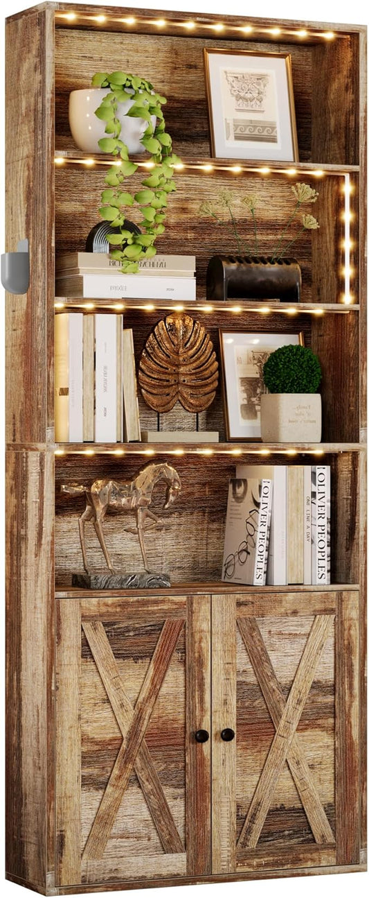 IRONCK Tall Bookcase with LED Lights, 70 in Industrial Bookshelves and Bookcases with Doors, 6 Shelf Display Storage Shelves Floor Standing for Home Office, Living Room, Bedroom