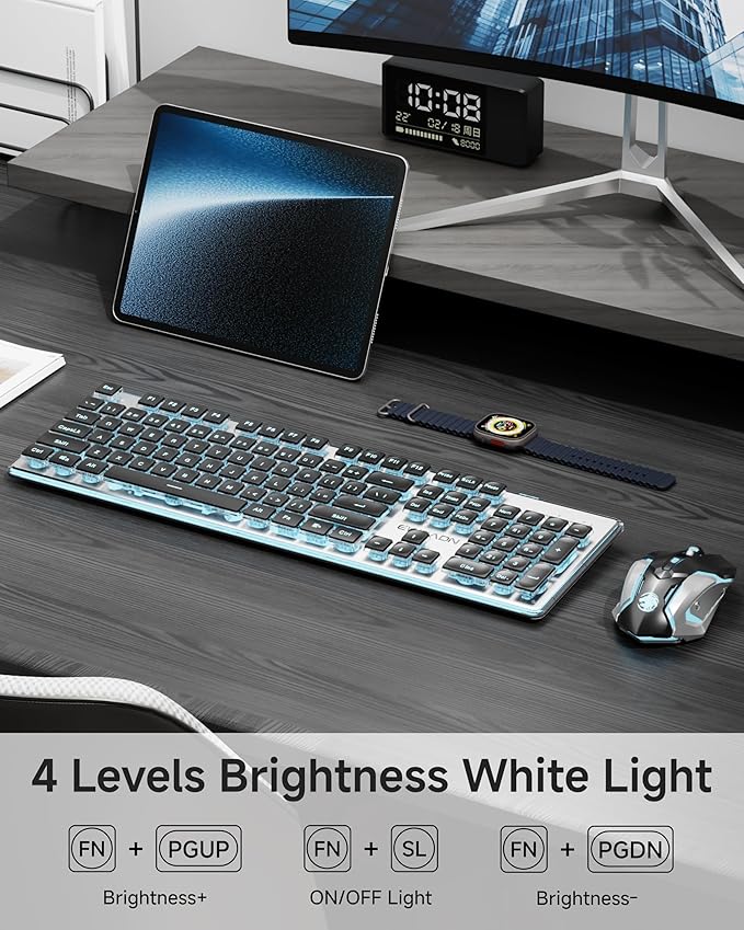 EWEADN V3 Wireless Keyboard and Mouse with Blue Backlit, Metal Panel, Bluetooth/2.4G Rechargeable Computer Keyboard and Mouse Combo Silent Lighted Full Size Cordless Keyboards-Black