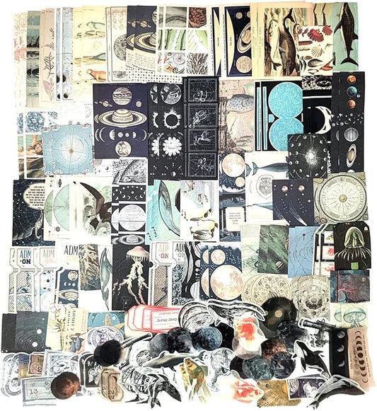 200 Pieces Vintage Ephemera Scrapbooking Supplies Pack for Journaling, Decoupage Paper Scrapbook Stickers Kit for Bullet Junk Journal Planners Collage Craft Notebooks Album (Space and Sea)