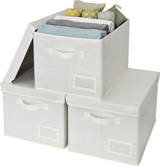 GRANNY SAYS Storage Baskets for Organizing, Linen Closet Shelf Organizers and Storage Containers with Label Holder, Large Storage Bins with Lids for Bedroom, Ivory, 3-Pack