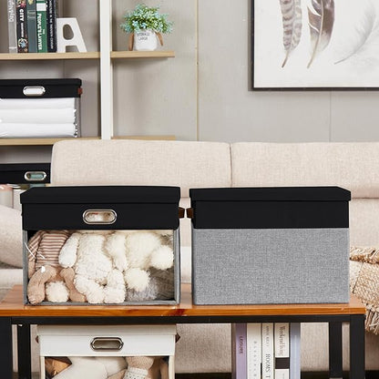 Fabric Clear Window Storage Bins with Lid, Closet Storage Box Linen Closet Baskets with 3 Handles for Organizing Clothing, Jeans, Shelves 17''- 3 Pack (Gray and Black)