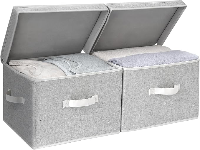 StorageWorks Fabric Storage Bins with Lid, Decorative Storage Boxes for Shelves, Stackable Closet Organizer Basket with Handles, Large, Gray, 2-Pack