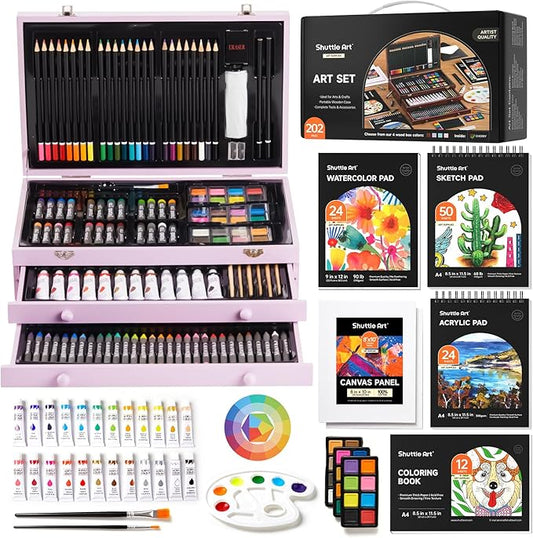 Shuttle Art Deluxe Gift Art Kit, 202-Piece Wooden Art Supplies Set with 4 Drawing Pads, Canvases, Coloring Sheets, Acrylic Paint, Crayons, Oil Pastels, Colored Pencils for Kids