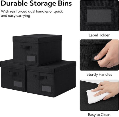GRANNY SAYS Storage Bins with Lids, Storage Bins for Linen Closet Shelves, Decorative Storage Boxes, Clothes Storage and Organization for Organizing, 3-Pack, Large, Black