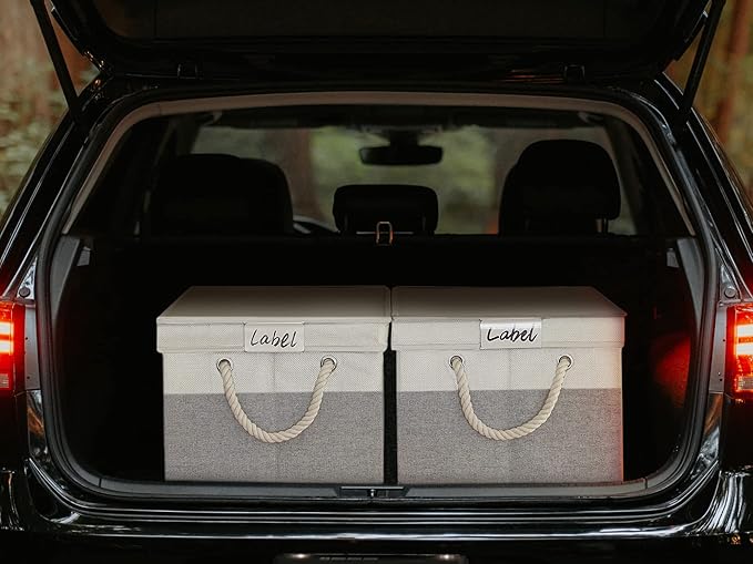 LoforHoney Home Fabric Storage Bins with Lids for Organizing, Foldable Closet Storage Boxes for Shelves, Clothes Baskets with Cotton Rope Handles, XLarge, Beige & Gray, 2-Pack