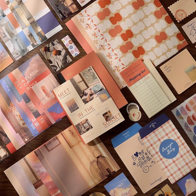 Draupnir Aesthetic Scrapbook Kit(348pcs), Bullet Junk Journal Kit with Journaling/Scrapbooking Supplies, Stationery,A6 Grid Notebook with Graph Ruled Pages DIY Scrapbook Gift for Teen Girl Kid(Sunset)