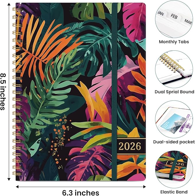 2026 Planner, Weekly and Monthly Planner for Women, Jan 2026 - Dec 2026 Pretty 2026 Calendar Planner with Monthly Tabs, Inner Pocket, Spiral Binding, Perfect for Office Home School - 6.3" x 8.5", Tropical Palms