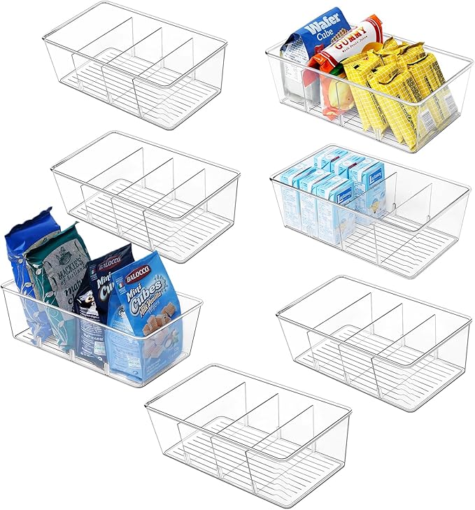 wilfox Pantry Organizer, 7 Pack Clear Bins with Removable Dividers, Pantry Organizers and Storage, Fridge and Cabinet Organizer for Snack, Pouches, Spice Packets