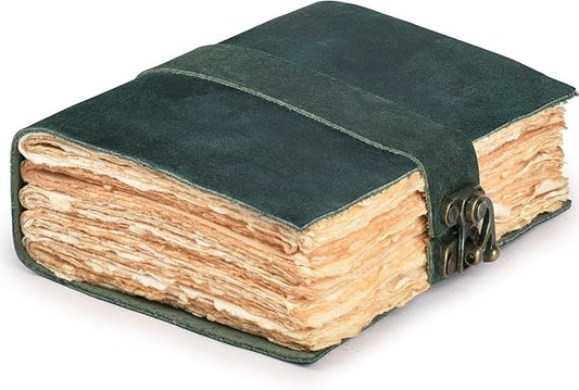 LEATHER VILLAGE Leather Bound Vintage Journal for Women & Men - Book of Shadows - Lock Closure - 200 Pages of Antique Deckle Edges Handmade Paper - Turquoise Color - 7 X 5 inches