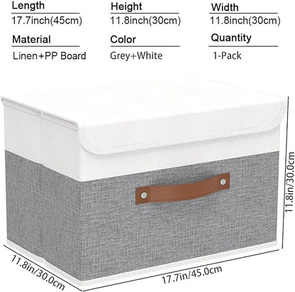Yawinhe Storage Bins with Lids, Fabric Foldable Boxes, Washable and Leather Handle, Cube Organizer Basket for Home, Closet, White/Grey, 17.7''Lx11.8''Wx11.8''H, 1-Pack, USNK024WGX-1