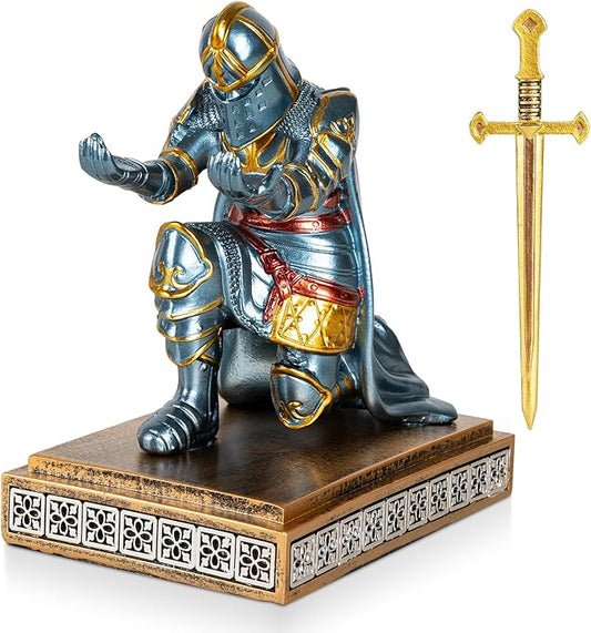 Medieval Knight Pen Holder with Sword, Kneeling King's Guard Warrior Pencil Stand Office Accessories Cool Fancy Desk Decor Gift for Men Dad Husband Boss Boyfriend Him- Leader Cloak Style